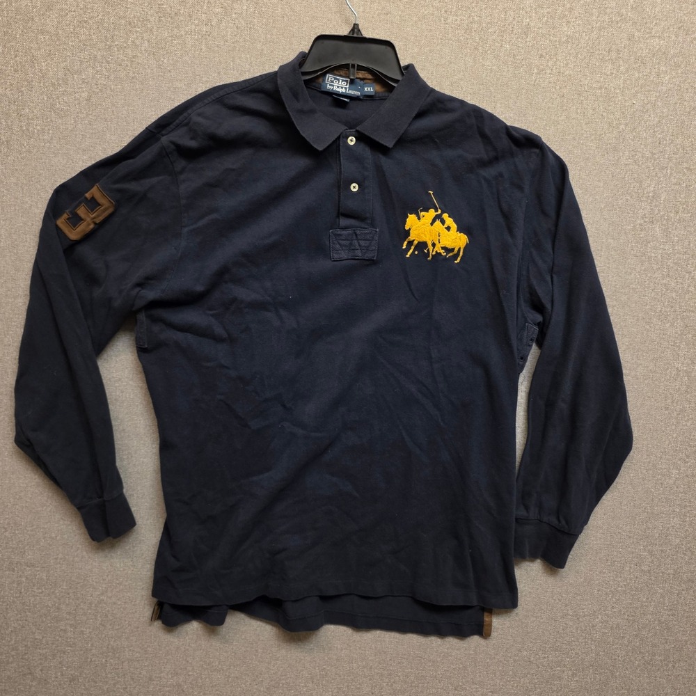 Polo Ralph Lauren Mens XXL Navy Big Pony Leather Rugby Polo Long Sleeve Preppy